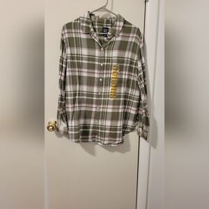 GAP Women's Green and Pink Plaid Shirt